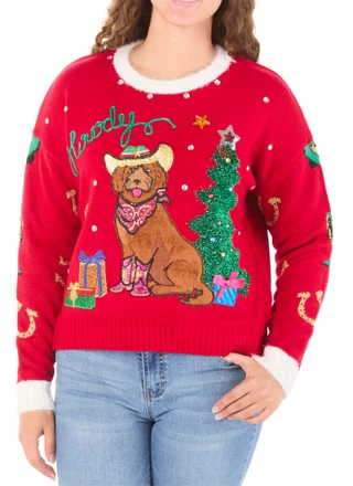 Thumbnail 1: Major Label Group Women's Christmas Embroidered & Rhinestone Pullover Sweater 