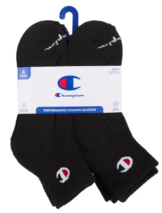 Thumbnail 1: Champion Men's 6 Pk Performance Cushion Quarter Socks w/ Arch Support 