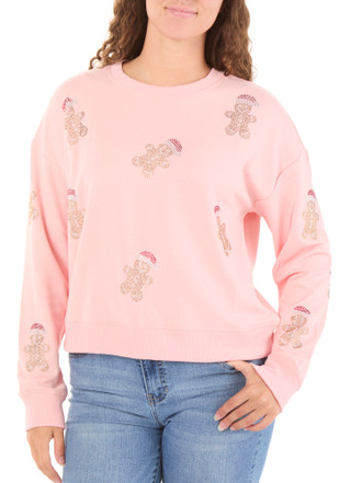 Thumbnail 1: Marled Juniors Christmas Crystal Gingerbread Print Pullover Sweater 