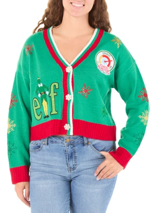 Thumbnail 1: Major Label Group Juniors Character Embroidered Button Front Christmas Sweater 