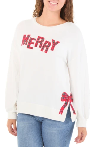 Thumbnail 1: Magical Season Juniors Merry Plaid Graphic Christmas Pullover Sweater 