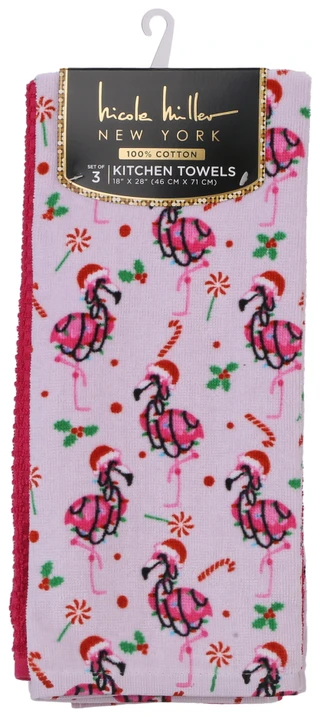 Thumbnail 1: Nicole Miller 3 Pk Christmas Flamingo Kitchen Towels  
