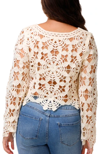 Thumbnail 3: Rebellion Again Juniors Long Sleeve Crochet Pullover Top 