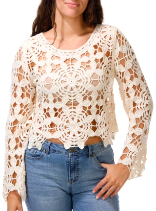 Thumbnail 1: Rebellion Again Juniors Long Sleeve Crochet Pullover Top 