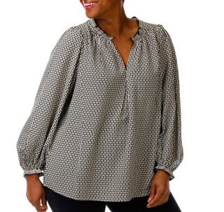 Thumbnail 1: MAX STUDIO Women's Plus Long Sleeve Split-Neck Printed Top 