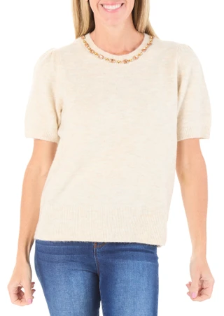 Thumbnail 1: Parker Women's Short Sleeve Jewel Neck Cozy Sweater Top 