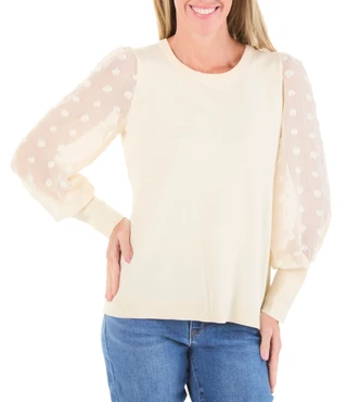 Thumbnail 1: Adrianna Papell Women's Long Mesh Sleeve Sweater Top 
