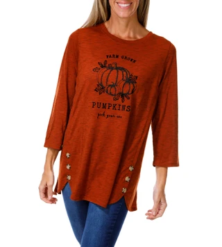 Thumbnail 1: Tru Self Women's Harvest Farm Grown Pumpkins Button Hem Top 
