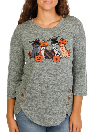 Thumbnail 1: Tru Self Women's Halloween Dogs & Cauldron Side Button Top 