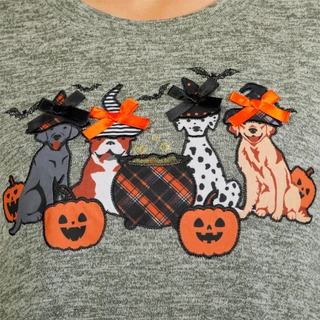 Thumbnail 3: Tru Self Women's Halloween Dogs & Cauldron Side Button Top 