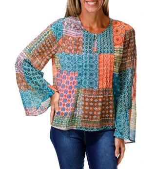 Thumbnail 1: Nicole Miller Women's Chiffon Pintuck Bell Sleeve Top with Cami Liner 