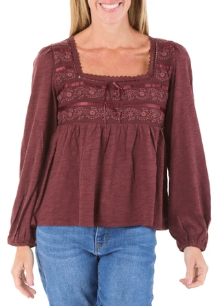 Thumbnail 1: Lucky Brand Women's Long Sleeve Embroidered Square Neck Top 