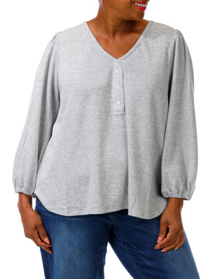 Thumbnail 1: Max Studio London Women's Plus 3/4 Sleeve Button V-Neck Ribbed Top 