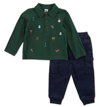 Thumbnail 1: Baby Essentials Baby Boys Christmas Embroidered Polo & Pants Set 