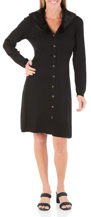 Thumbnail 1: Lucky Brand Women's Button Front Sweater Dress w/ Faux Fur Collar 