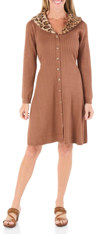 Thumbnail 1: Lucky Brand Women's Button Front Sweater Dress w/ Faux Fur Collar 
