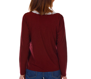 Thumbnail 2: BUNULU Women's Long Sleeve Lace Trim Button Ribbed Top 