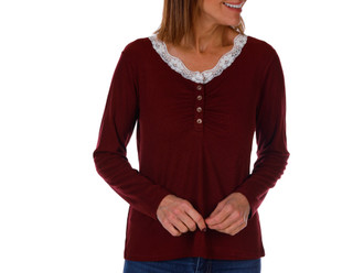 Thumbnail 1: BUNULU Women's Long Sleeve Lace Trim Button Ribbed Top 