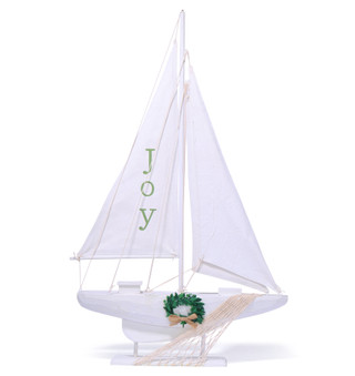 Thumbnail 1: Magical Season 28 in Wooden Christmas JOY Sailboat with Wreath Accent 