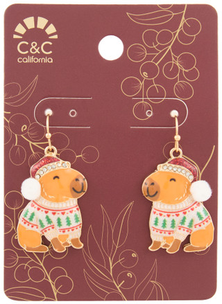 Thumbnail 1: C&C California Gold Tone Christmas Santa Hat Capybara Drop Earrings  