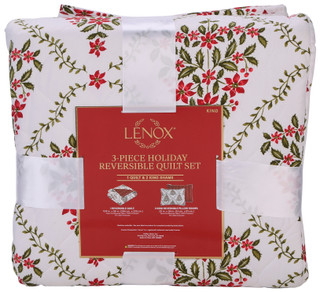 Thumbnail 2: Lenox King 3 Pc Holly Tree Christmas Reversible Quilt Set 