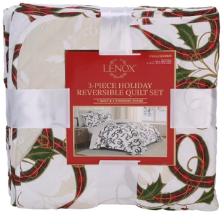 Thumbnail 1: Lenox Full/Queen 3 Pc Christmas Ribbon Reversible Quilt Set 