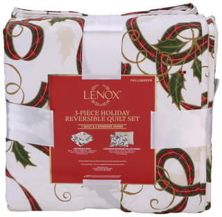 Thumbnail 2: Lenox Full/Queen 3 Pc Christmas Ribbon Reversible Quilt Set 
