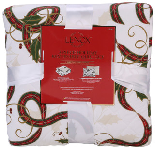 Thumbnail 2: Lenox King 3 Pc Christmas Ribbon Reversible Quilt Set 