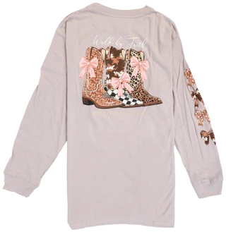 Thumbnail 1: SIMPLY SOUTHERN Big Girls Long Sleeve Cow Boot Print Tee 