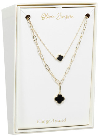 Thumbnail 1: Olivia Simpson Gold Plated Black Enamel Clover Layered Necklace 