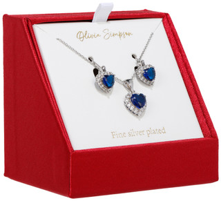 Thumbnail 1: Olivia Simpson Silver Plated Navy Heart Cubic Zirconia Earrings & Necklace 