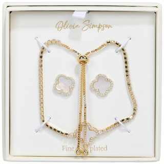 Thumbnail 1: Olivia Simpson Gold Plated CZ Mother of Pearl Clover Bracelet & Necklace 
