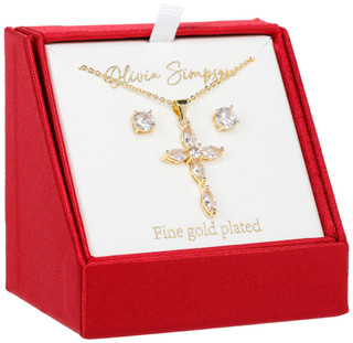 Thumbnail 1: Olivia Simpson 2 Pc Gold Plated Cubic Zirconia Earrings & Cross Necklace  