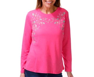 Thumbnail 1: BUNULU Women's Long Sleeve Embroidered Floral Tee 