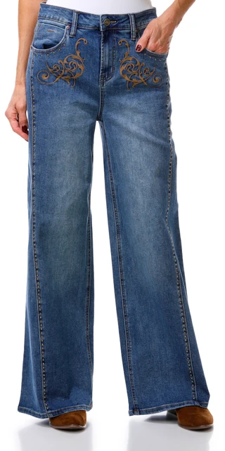 Thumbnail 1: CITY BLUES Studded Embroidered Wide Leg Jeans 