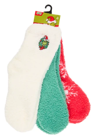 Thumbnail 1: THE GRINCH Kids 3 Pk Christmas Grinch Cozy Crew Fuzzy Socks  