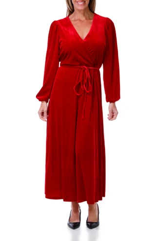 Thumbnail 1: MSK Women's Long Sleeve Velvet Tie Wast Surplice Neck Maxi Dress 