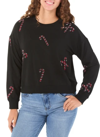 Thumbnail 1: Marled Women's Petite Christmas Embellished Long Sleeve Fleece Top 