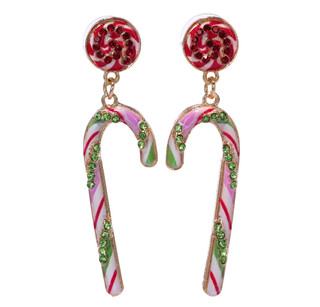 Thumbnail 1: C&C California Gold Tone Christmas Rhinestone Candy Cane Drop Earrings  
