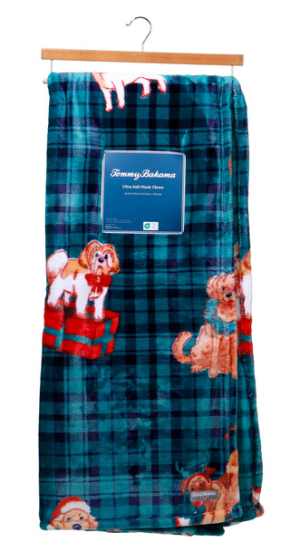 Thumbnail 1: TOMMY BAHAMA 60x70 Christmas Puppy Plaid Print Ultra Soft Plush Throw  