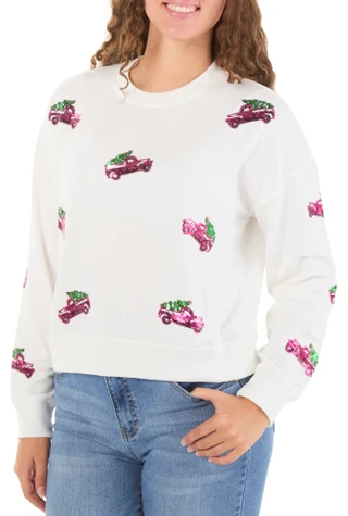 Thumbnail 1: Marled Women's Petite Long Sleeve Sequin Tree Trucks Top 