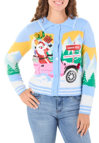 Thumbnail 1: Major Label Group Juniors Embroidered Sparkly Button Front Christmas Cardigan 