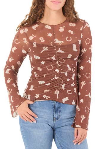 Thumbnail 1: Trixxi Juniors Long Sleeve Cinch Front Printed Top 