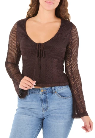 Thumbnail 1: Trixxi Juniors Long Sleeve Tie Front Lace Top 