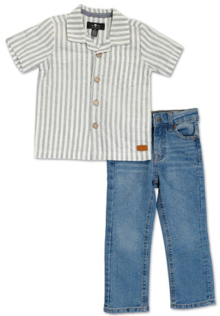 Thumbnail 1: 7 FOR ALL MANKIND Toddler Boys Short Sleeve Striped Polo w/ Jean Pants Set  