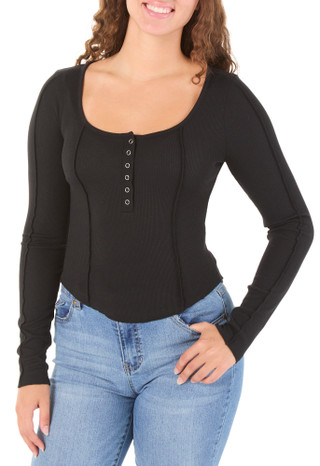 Thumbnail 1: Double Zero Juniors Long Sleeve Ribbed Button Front Top 