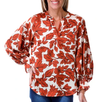 Thumbnail 1: Vince Camuto Women's Long Sleeve Split Neck Leaf Print Top 