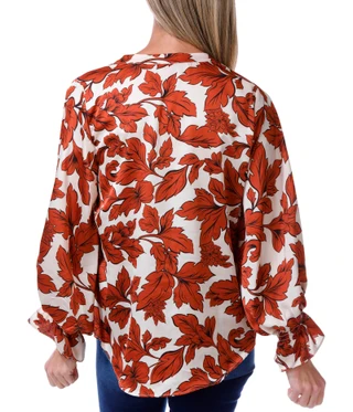 Thumbnail 2: Vince Camuto Women's Long Sleeve Split Neck Leaf Print Top 