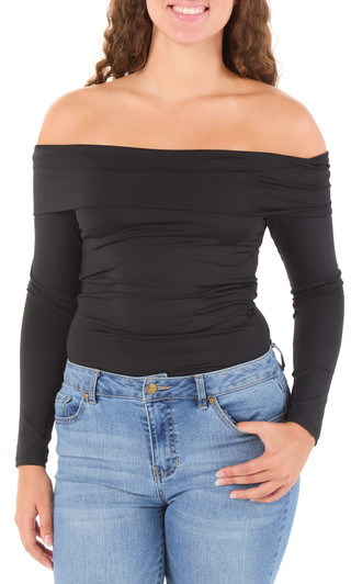 Thumbnail 1: Basic By Design Juniors' Long Sleeve Off Shoulder Contour Bodysuit 