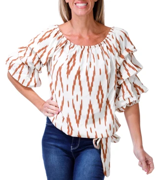 Thumbnail 1: Vince Camuto Women's Ruffle Short Sleeve Ikat Print Blouse  